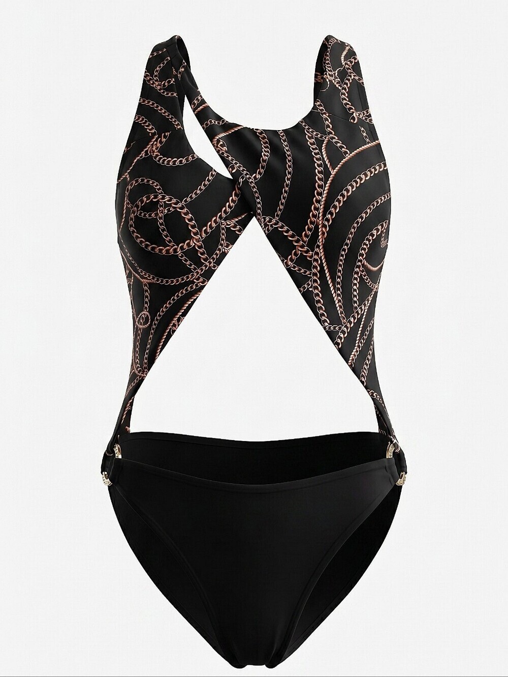 NWT! Ashley Graham Black and Rose Gold Chain-Print Cutout One-Piece Swimsuit